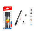 MOTARRO 4-pack of black permanent markers in retail blister packaging, shown alongside a single loose marker and informational graphics indicating black ink, 14cm length, 0.4mm fine tip, and suitability for various surfaces.