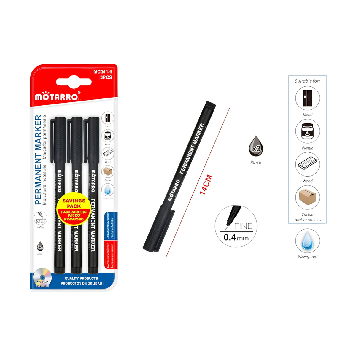 MOTARRO 4-pack of black permanent markers in retail blister packaging, shown alongside a single loose marker and informational graphics indicating black ink, 14cm length, 0.4mm fine tip, and suitability for various surfaces.